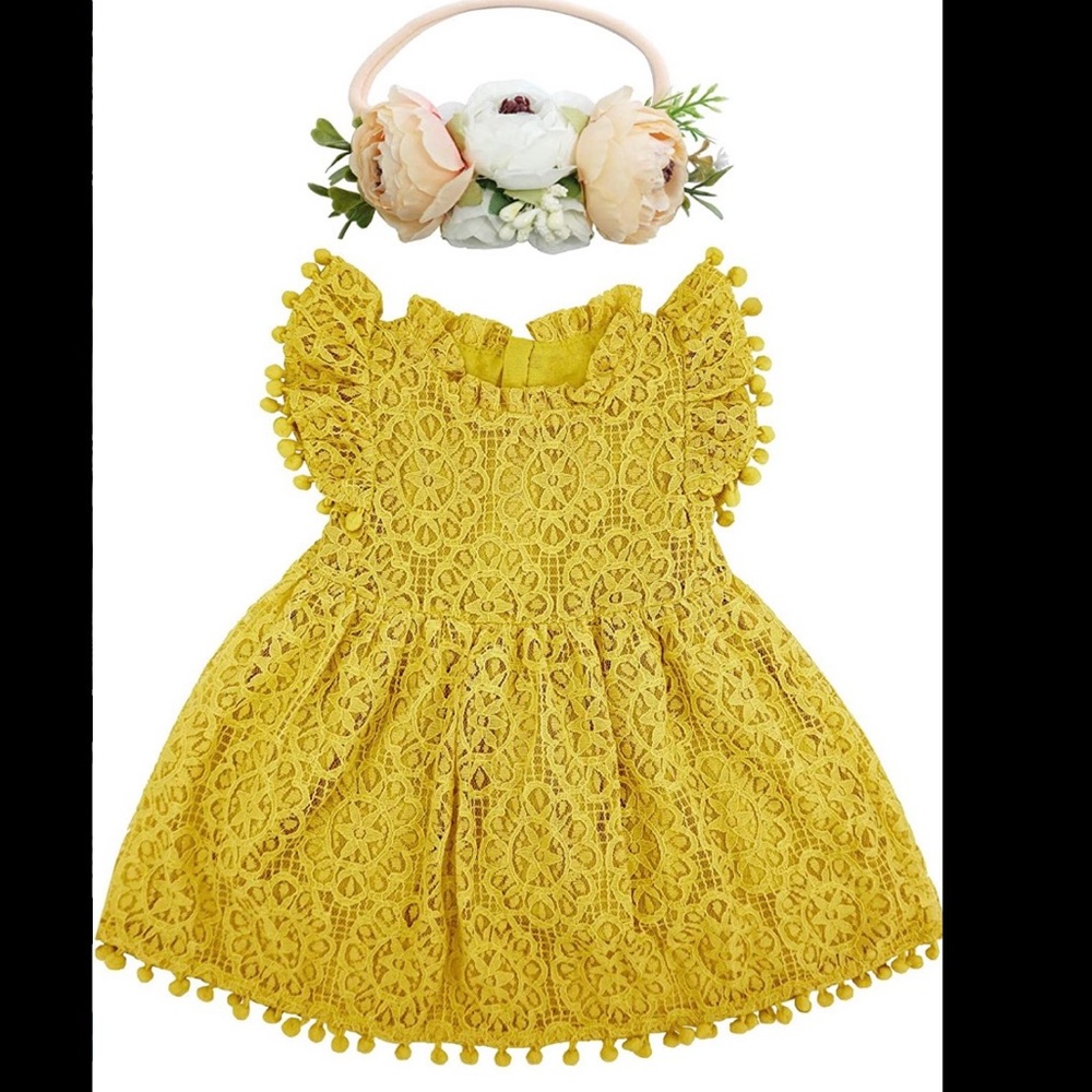 NWT Baby Girl Tutu Dress Elegant Lace PomPom Flutter Sleeve w/Flower Headband